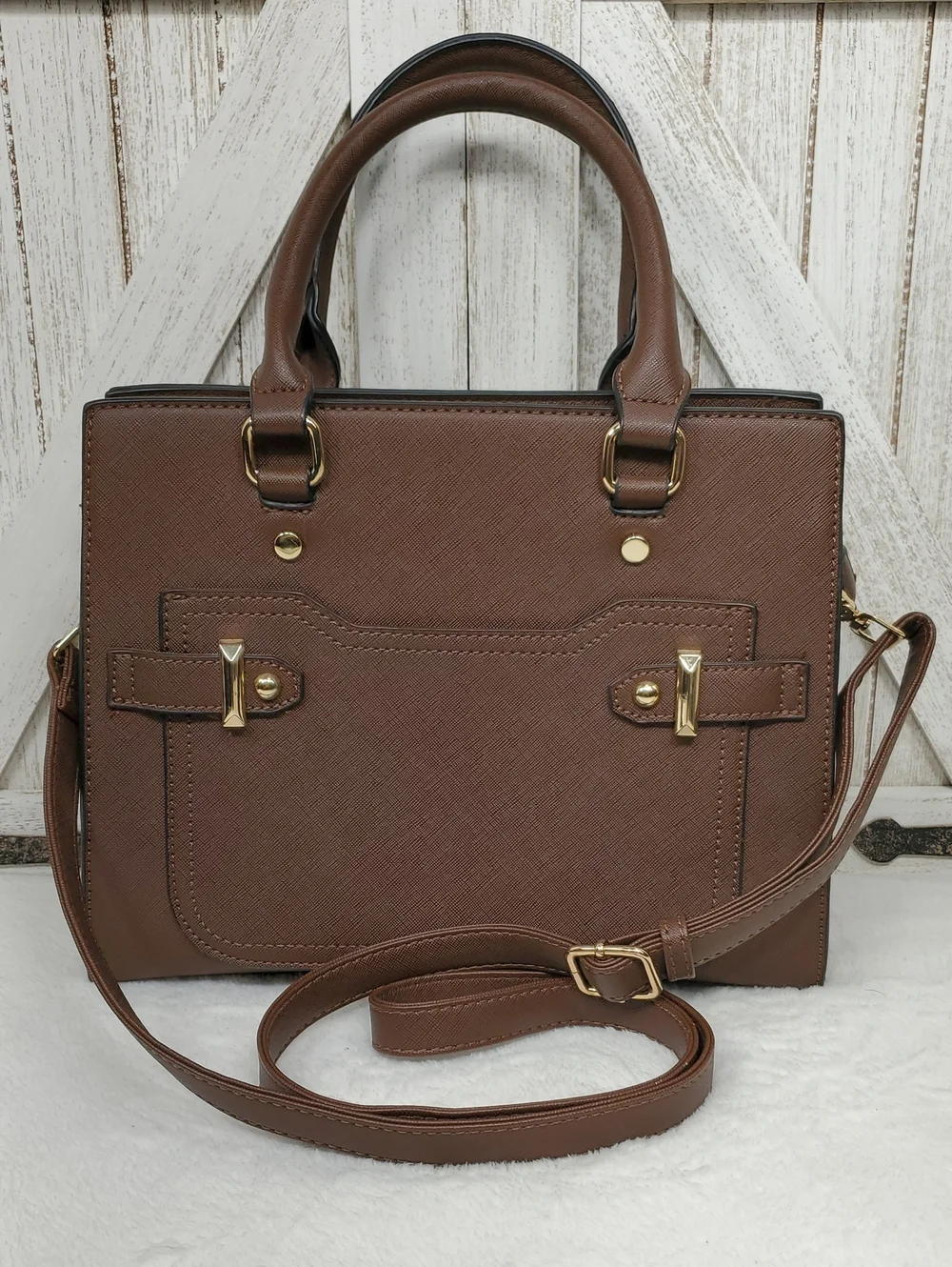 Brown Satchel Handbag with Double Top Handles & Adjustable Crossbody Strap NWOT
